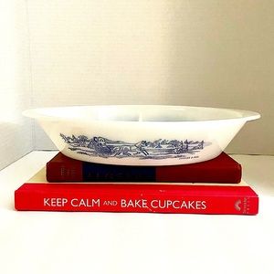 Vintage Glasbake Currier & Ives Winter Scene Oval Casserole Dish J-2352